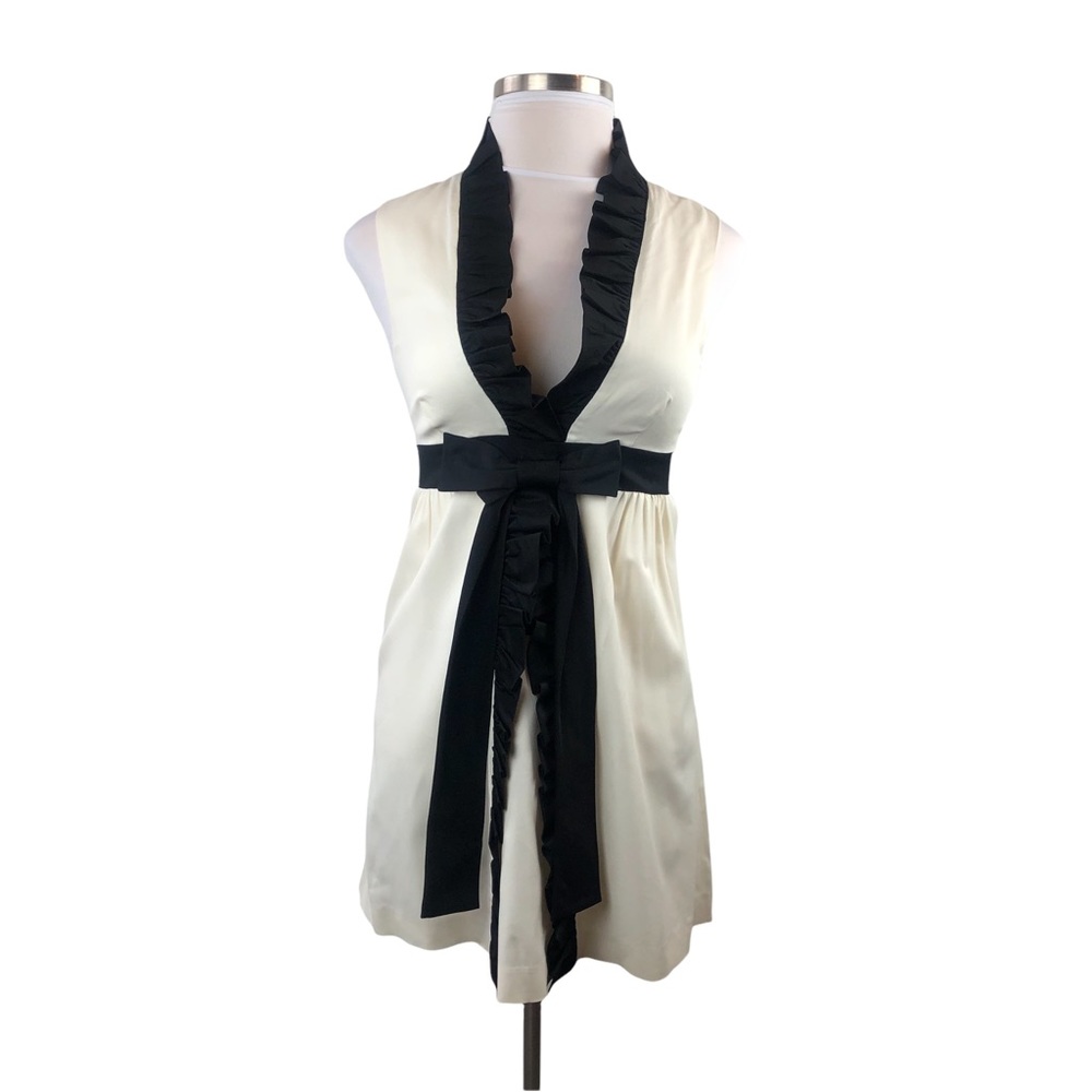 EUC Alice & Olivia Silk Ivory Black White Ruffle & Bow Shift Cocktail Dress
